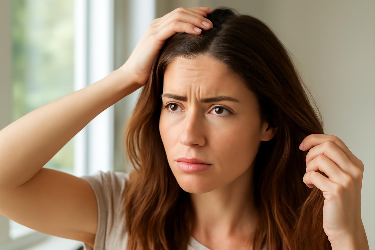 Egy nő aggódva nézi a haját, jelezve a hajszín megújításának szükségességét.