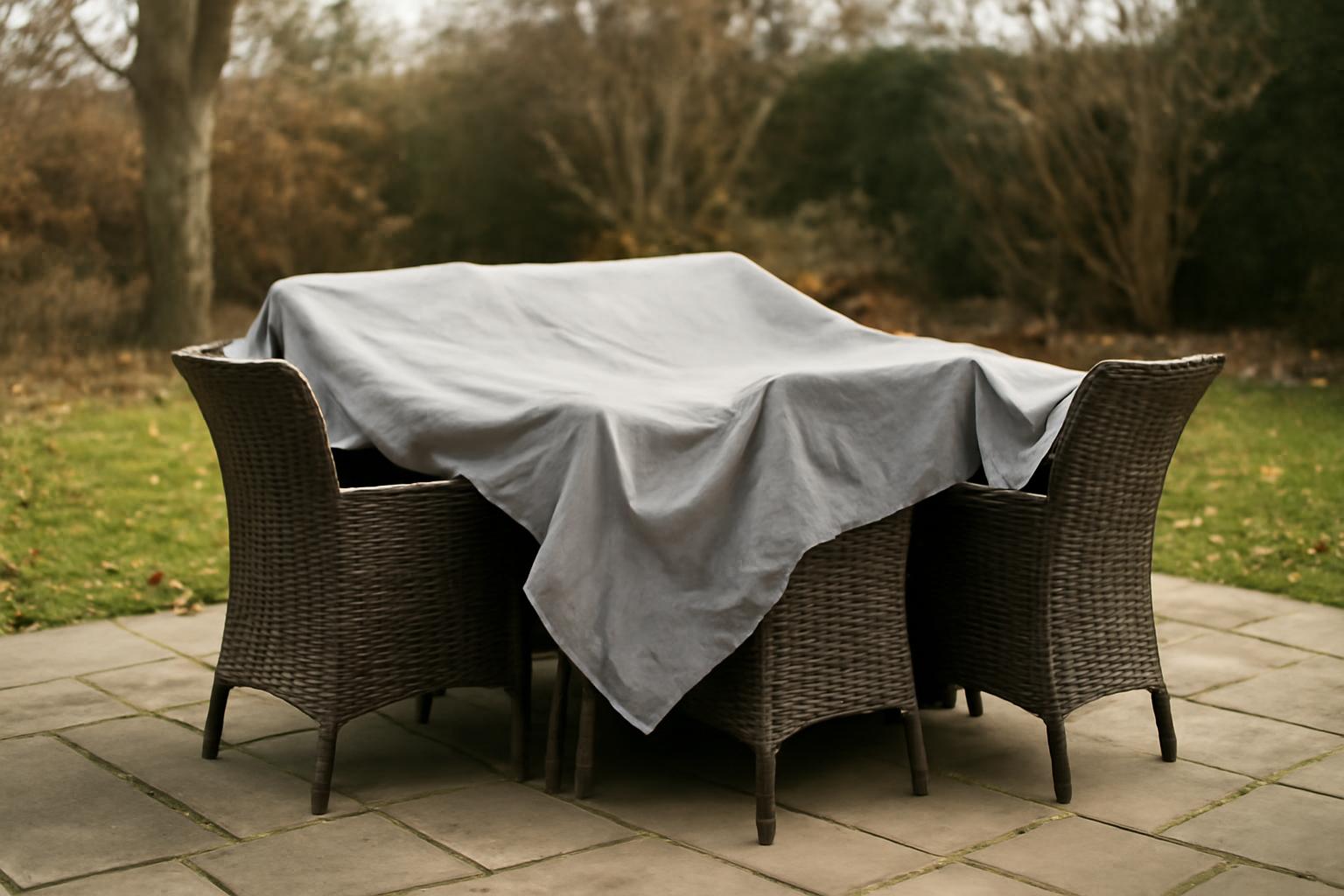 Egy kerti asztal és székek takaróval letakarva, készen a télre.