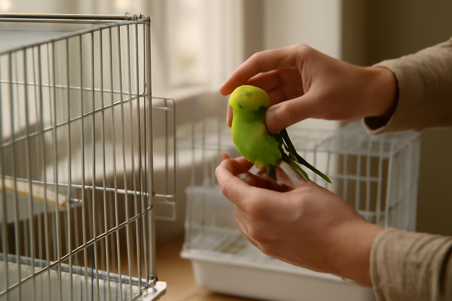 Egy zöld papagáj, akit éppen egy új kalitkába költöztetnek.