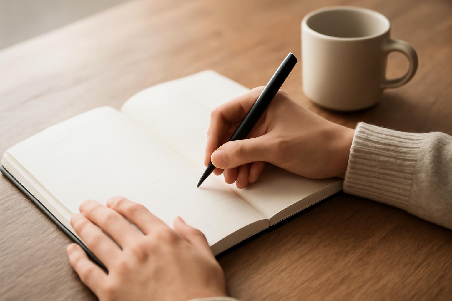 Egy kéz egy üres naplóban ír, mellette egy bögre kávé áll.
