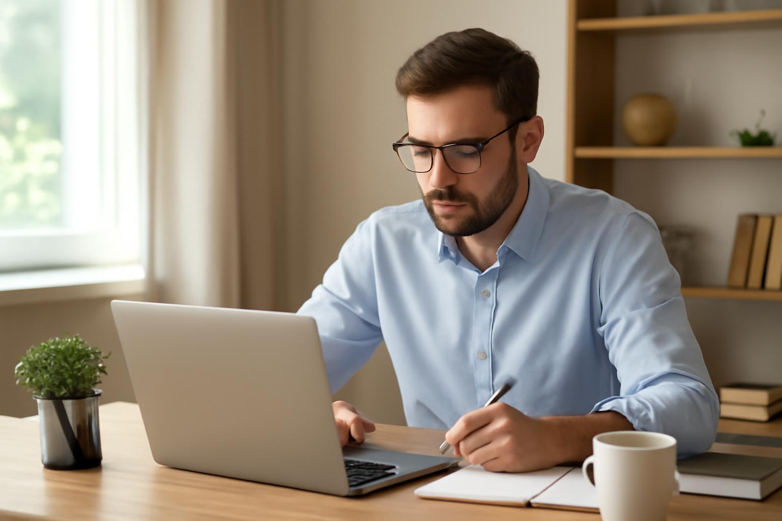 Egy fiatal férfi dolgozik az otthoni irodájában, laptop előtt ülve.