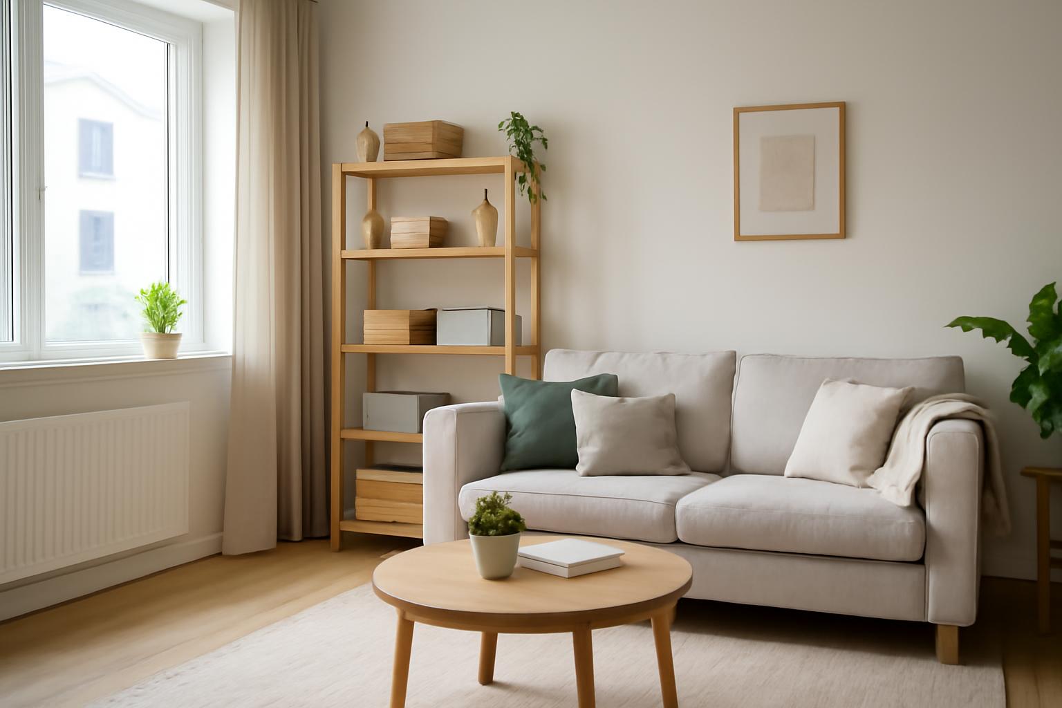 Kis lakás nappalija, világos bútorokkal és praktikus tárolópolccal.