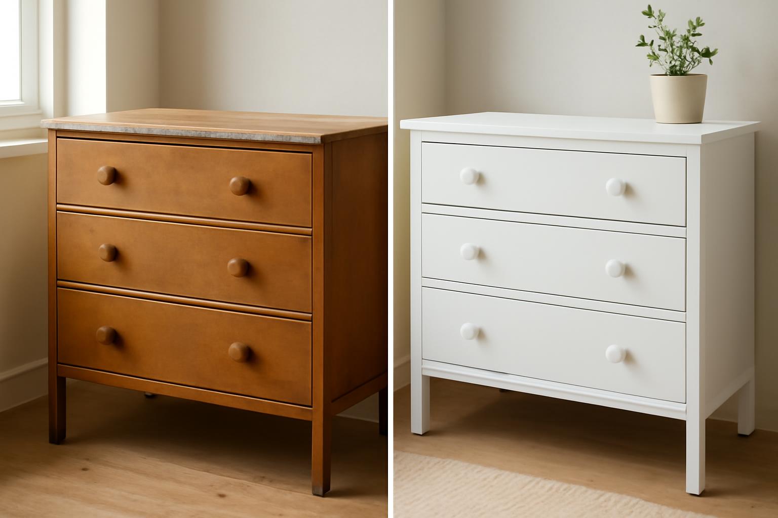 Egy régi, barna fiókos szekrény és egy felújított, fehér szekrény összehasonlítása.