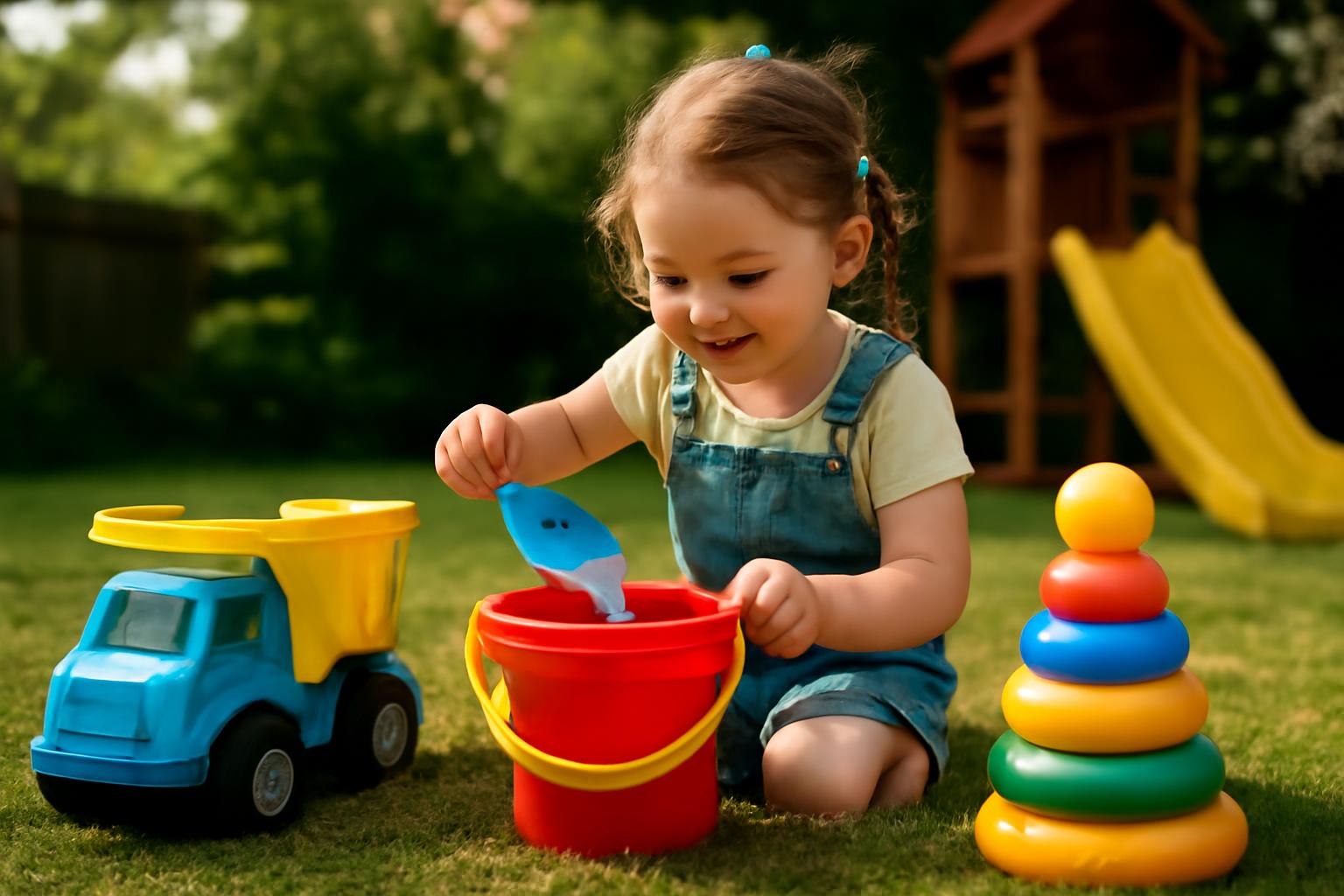 Egy kisgyerek játszik kültéri játékokkal, piros vödörbe öntve egy kék halat.