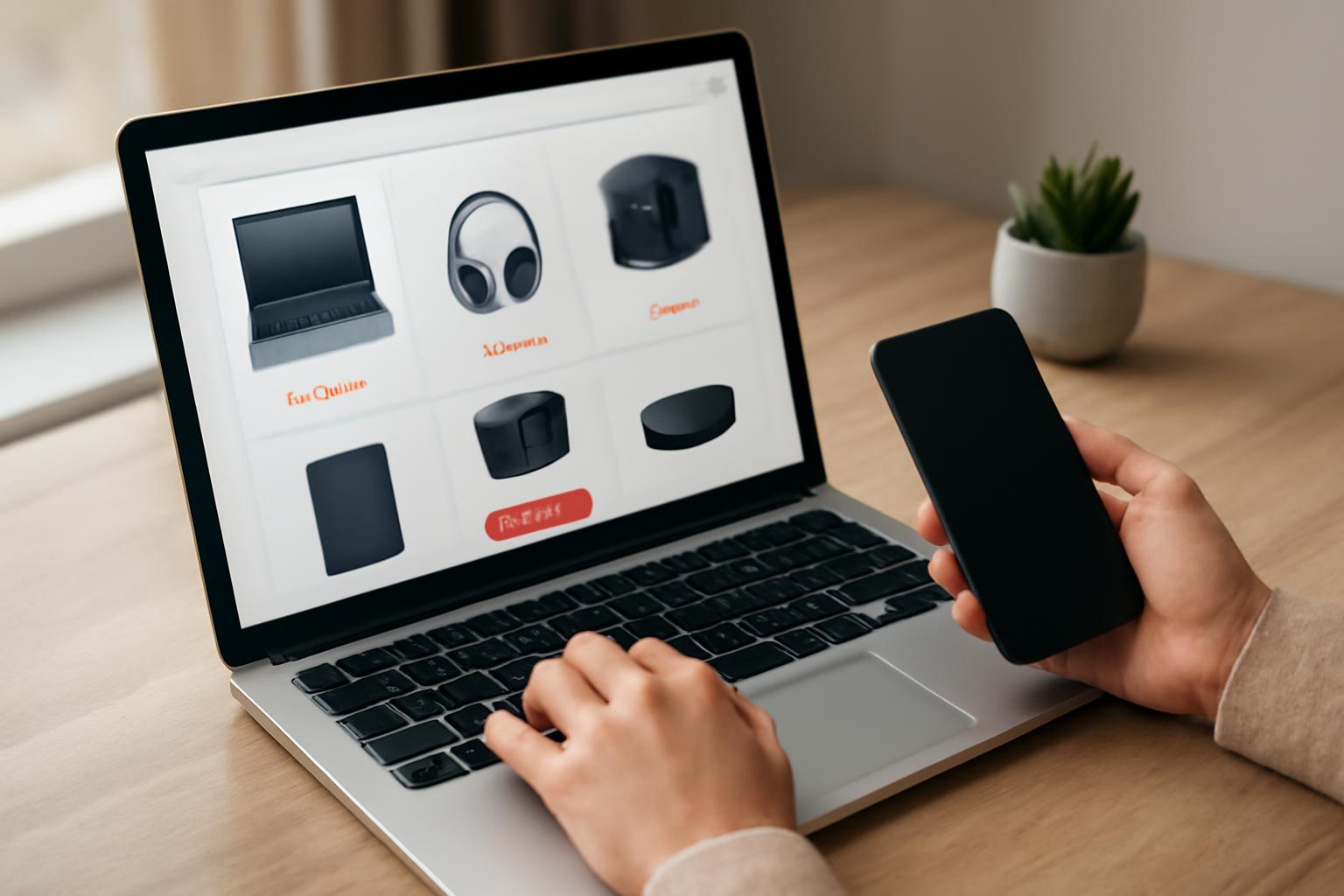 Egy felhasználó laptopon műszaki cikkeket böngész, miközben telefonját tartja.