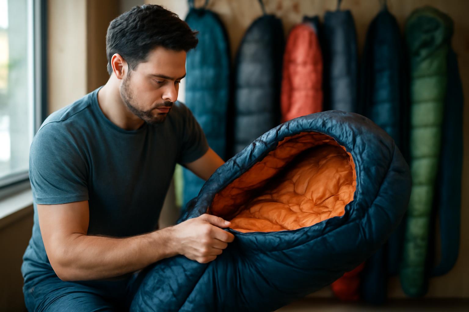 Egy férfi egy színes futózsákot vizsgál, amely strapabíró anyagból készült.