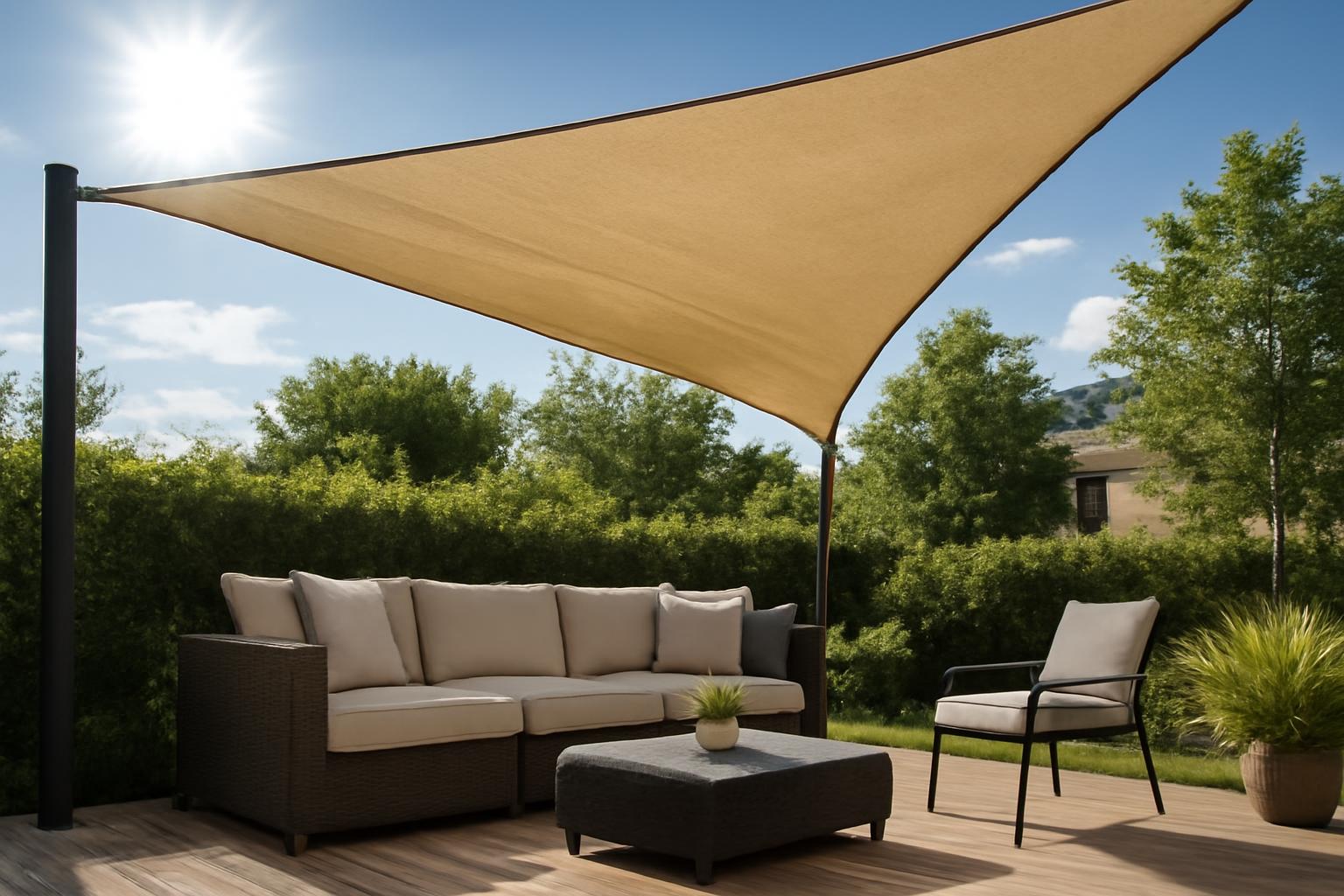 Terasz napernyővel árnyékolt ülőgarnitúra zöld környezetben.