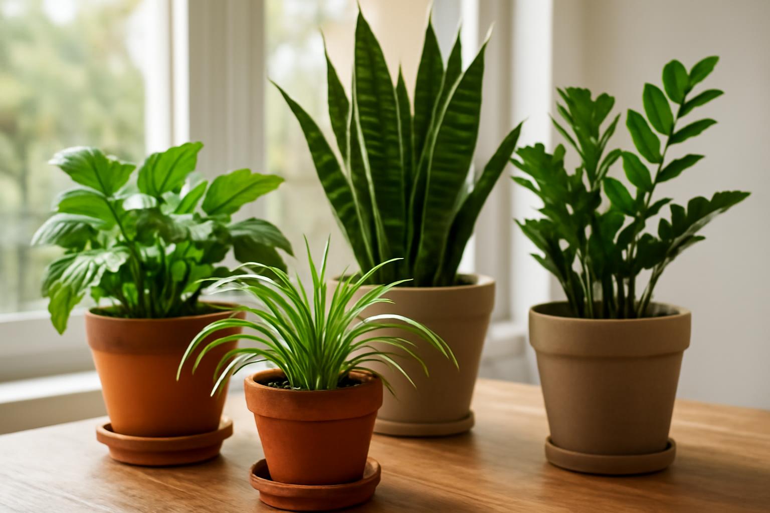 Négy különböző szobanövény egy világos szobában, cserépben.