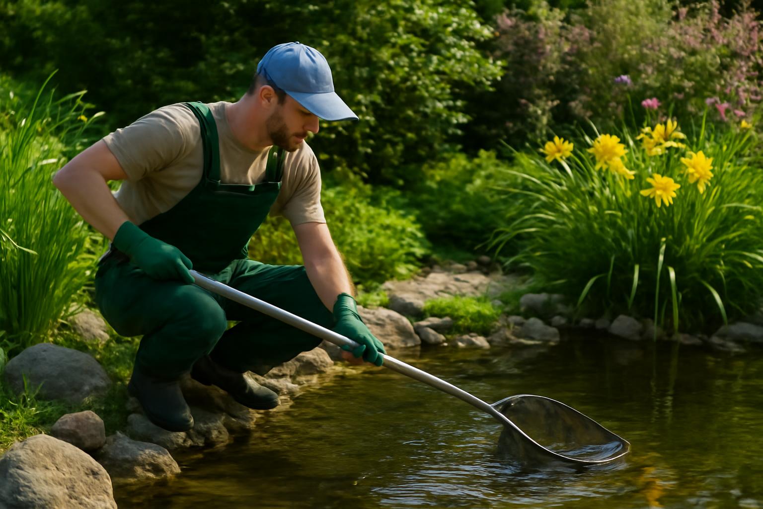 Egy férfi a kertitóban hálóval tisztítja a vizet, körülötte virágok és zöld növények.