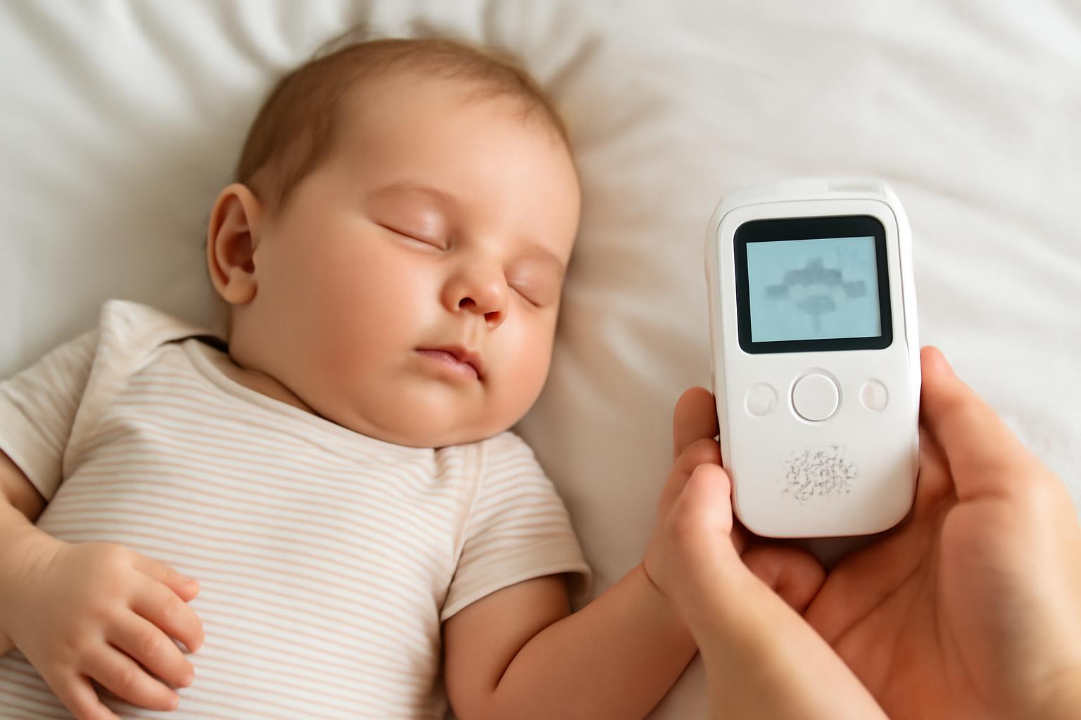 Egy alvó baba mellett egy légzésfigyelő látható, amely a biztonságát szolgálja.