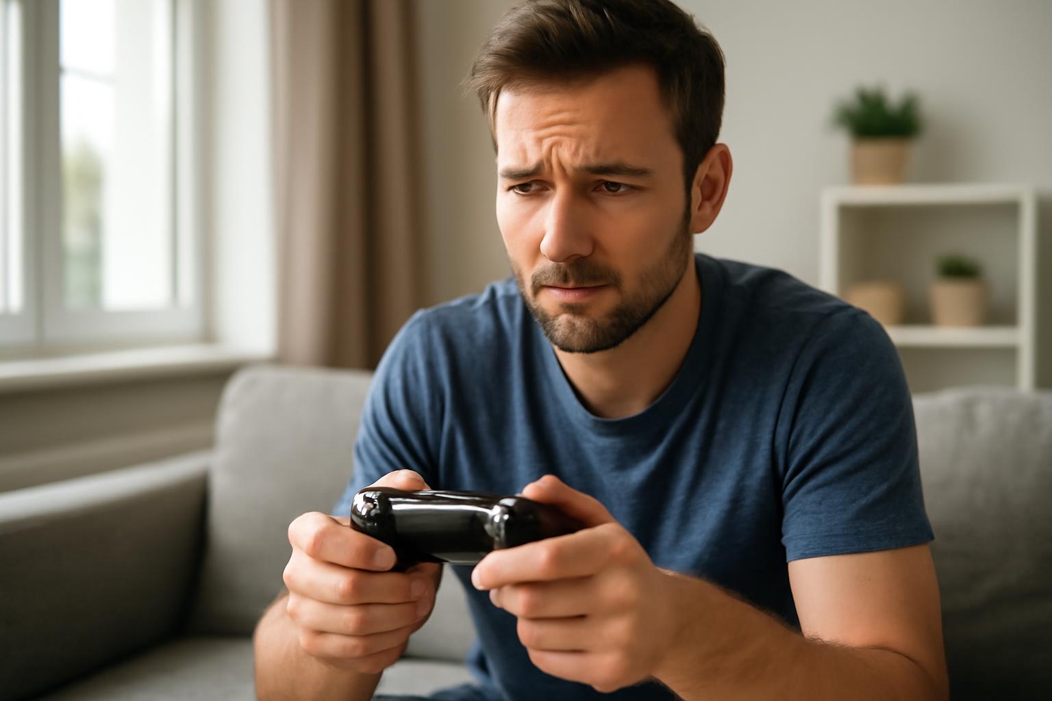 Egy férfi koncentrálva játszik videojátékot a kanapén ülve.