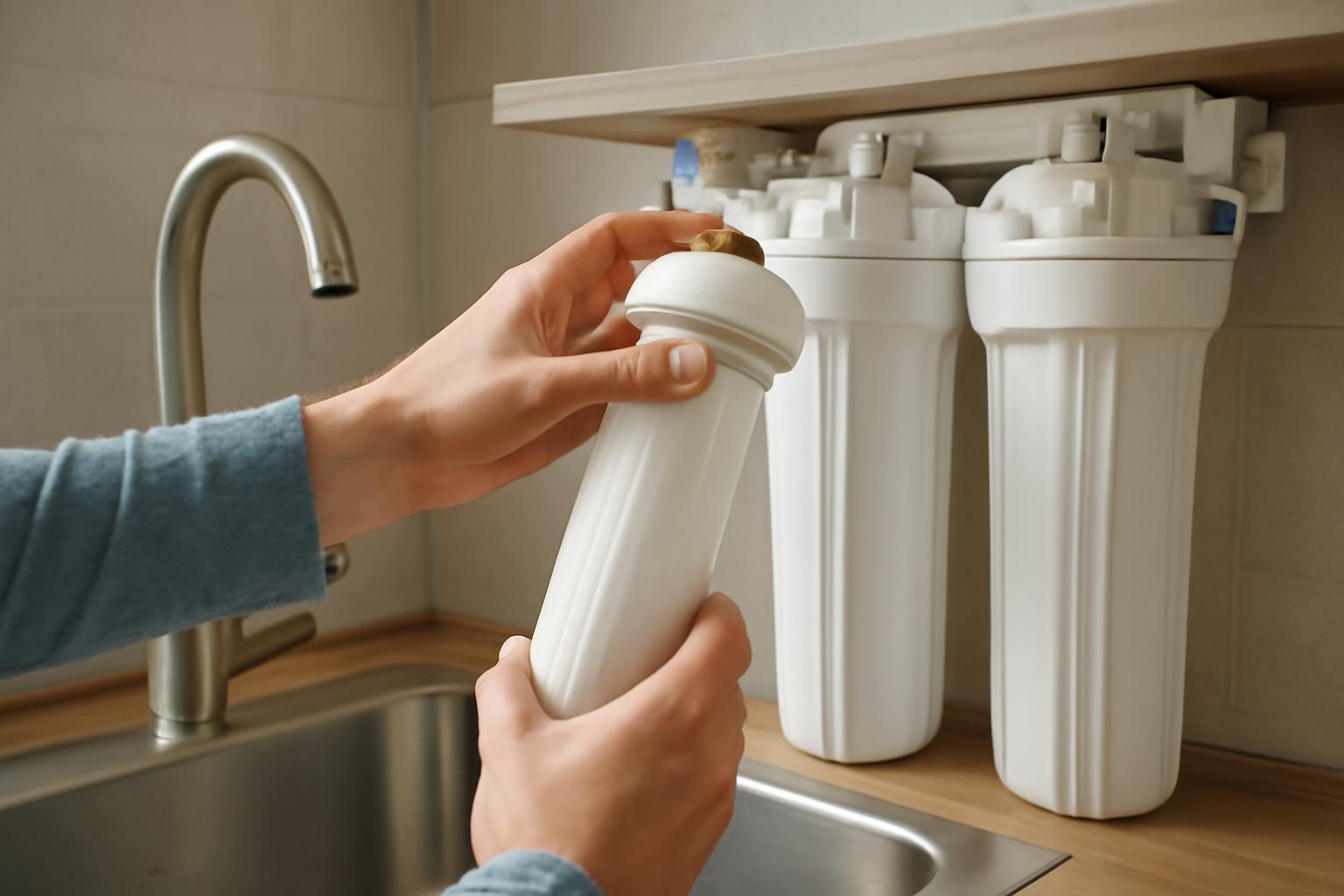Egy kéz vízszűrőt cserél az otthoni vízszűrő rendszerben.