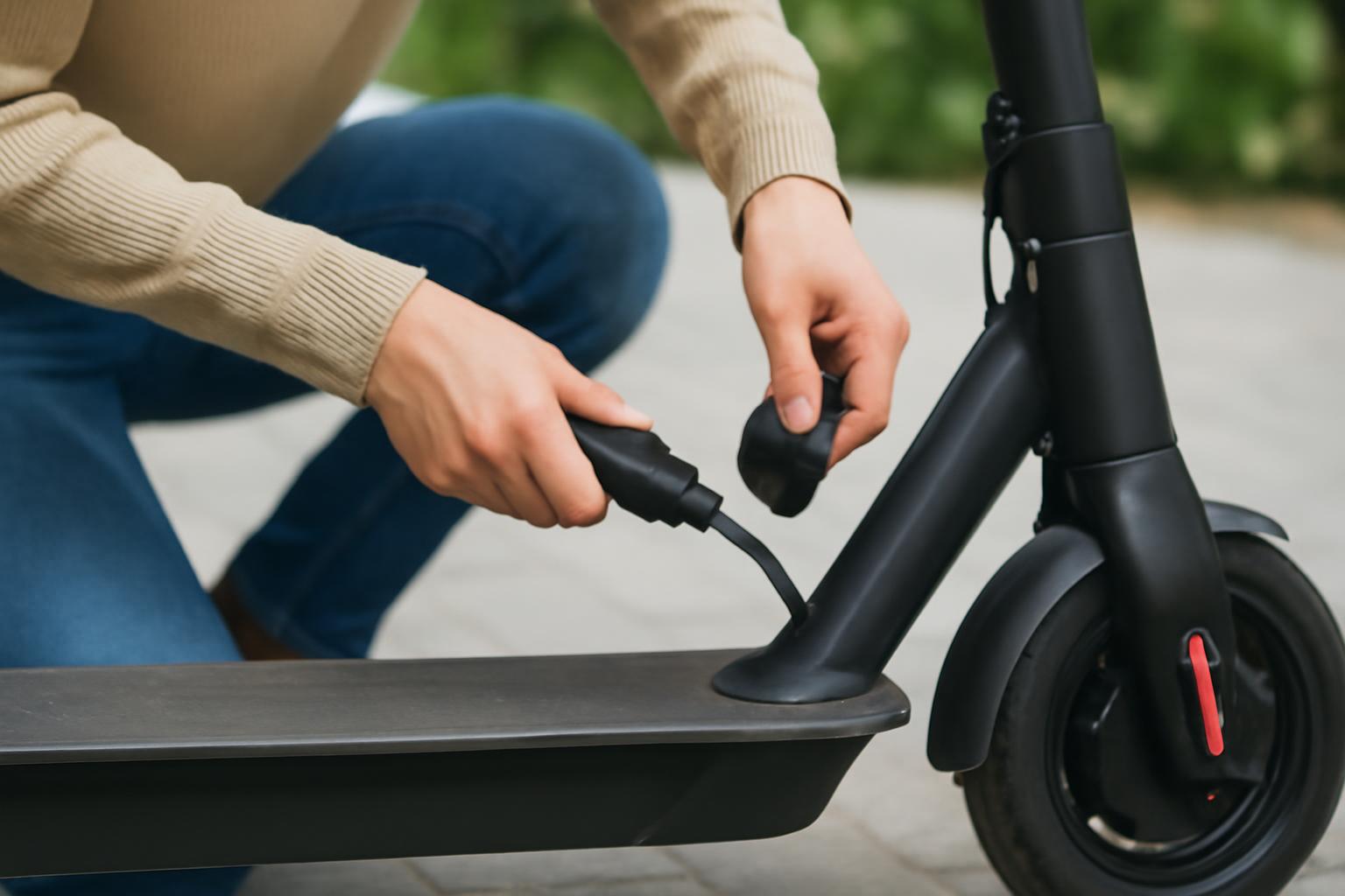 Egy személy elektromos rollert tölt, figyelmesen csatlakoztatva a töltőt.