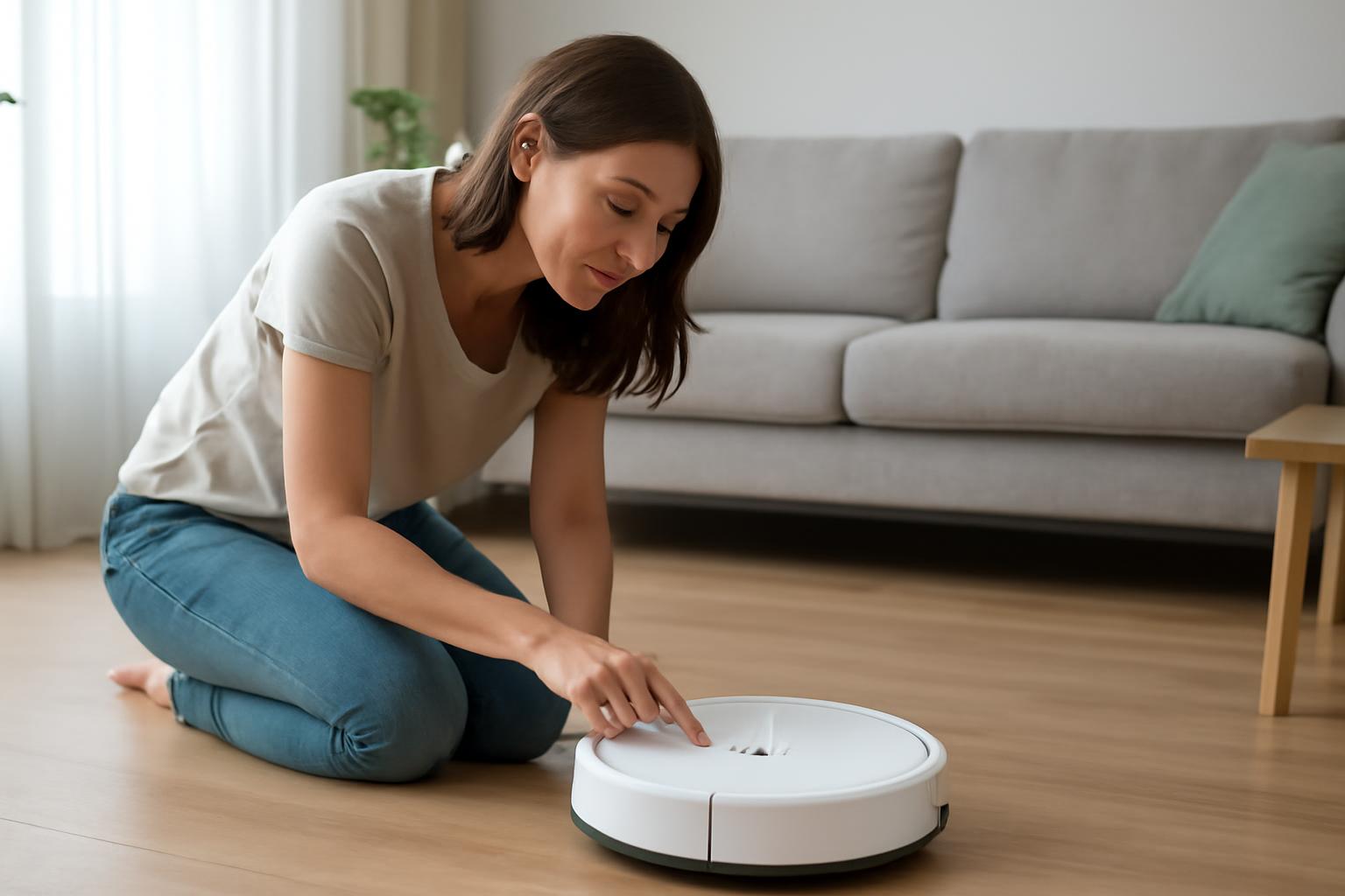 Egy nő a robotporszívó beállításait állítja, miközben a padlón ül.