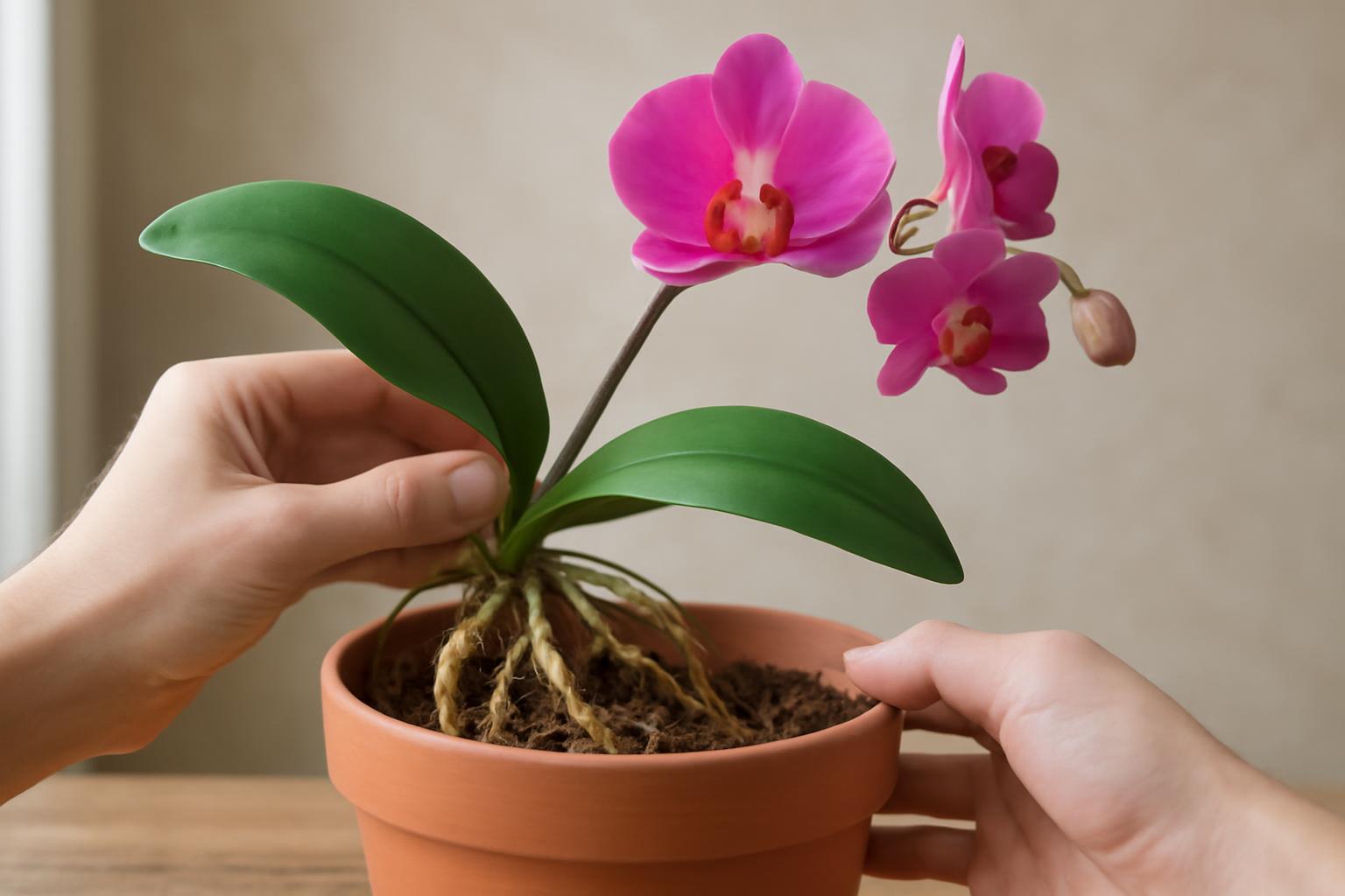Két kéz tart egy orchideát, amely virágzik és friss levelekkel rendelkezik.