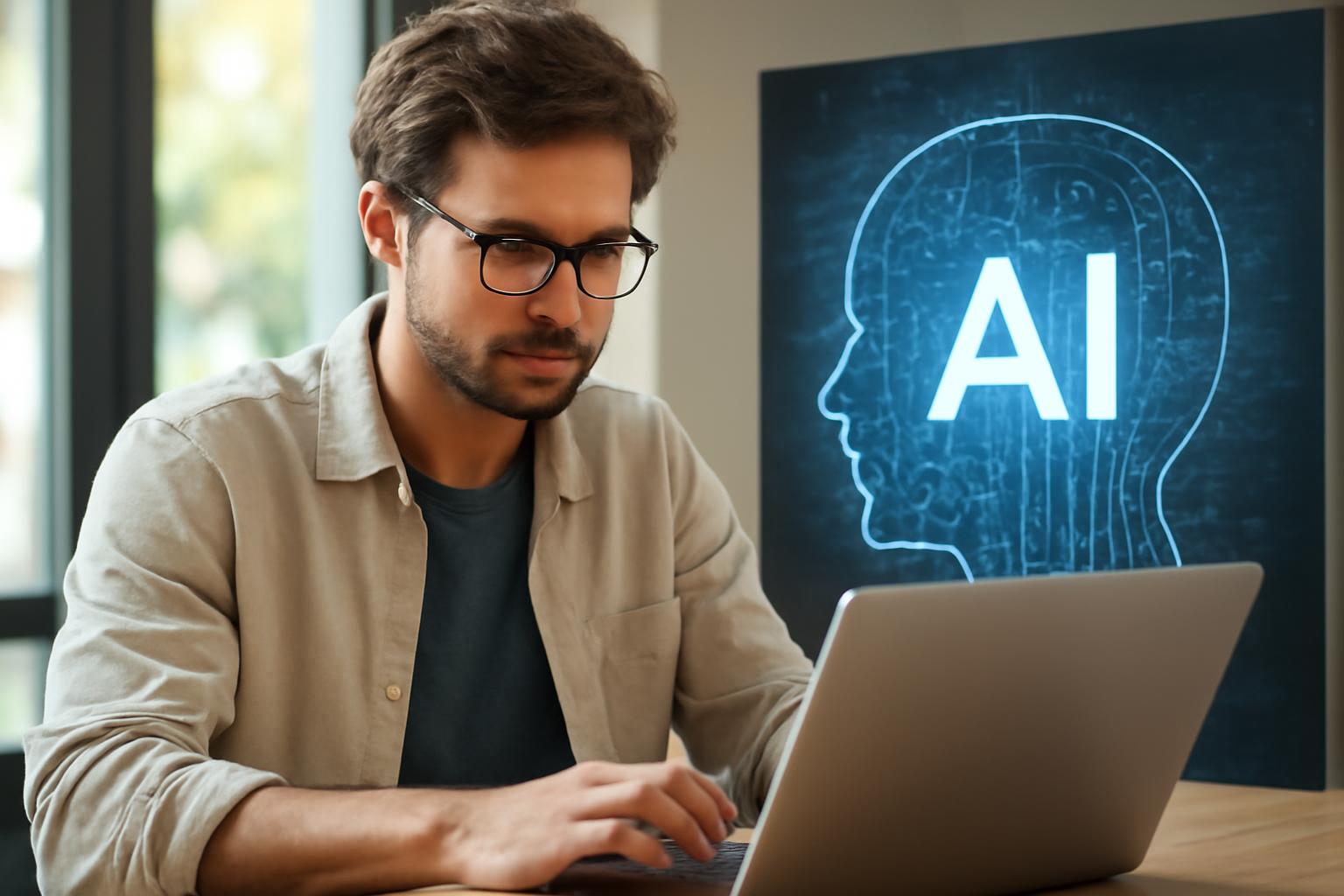 Fiatal férfi laptop előtt ül, háttérben az AI felirattal.