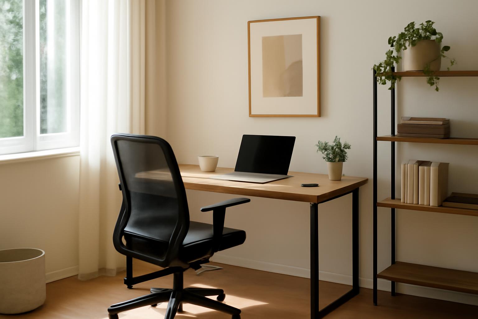 Modern home office sarok, íróasztallal, laptop, növények és könyvespolc.