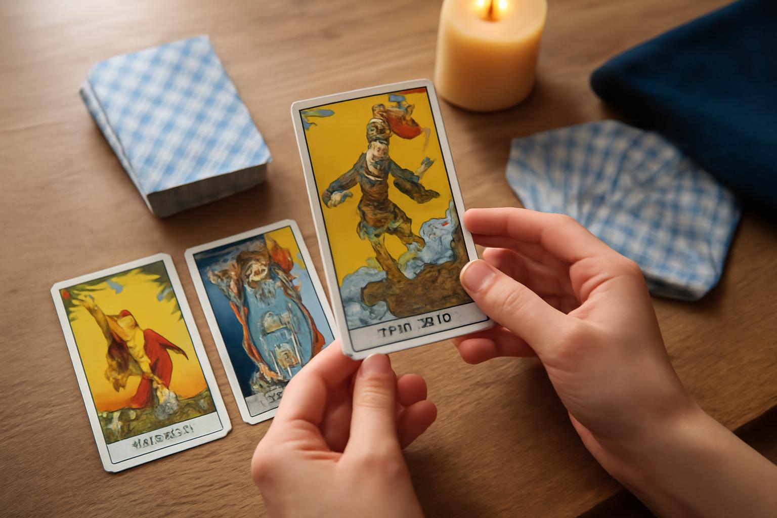 Két tarot kártya és egy pakli látható egy asztalon, gyertya mellett.