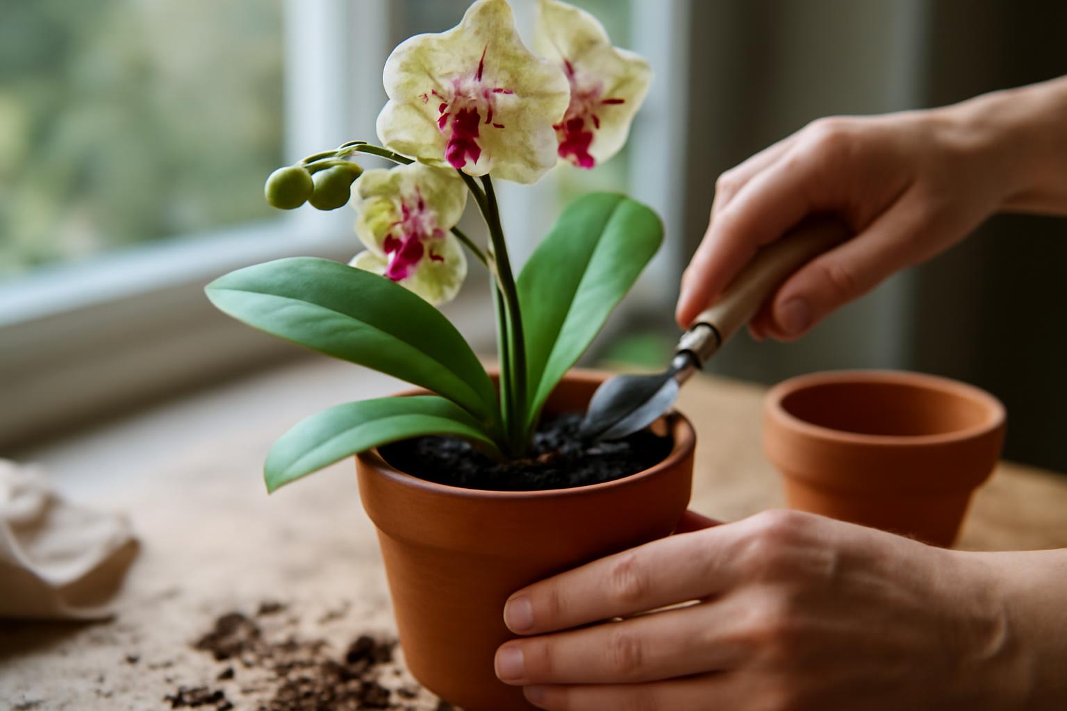 Egy kéz orchidea újraültetésénél, friss földdel és cserép mellett.