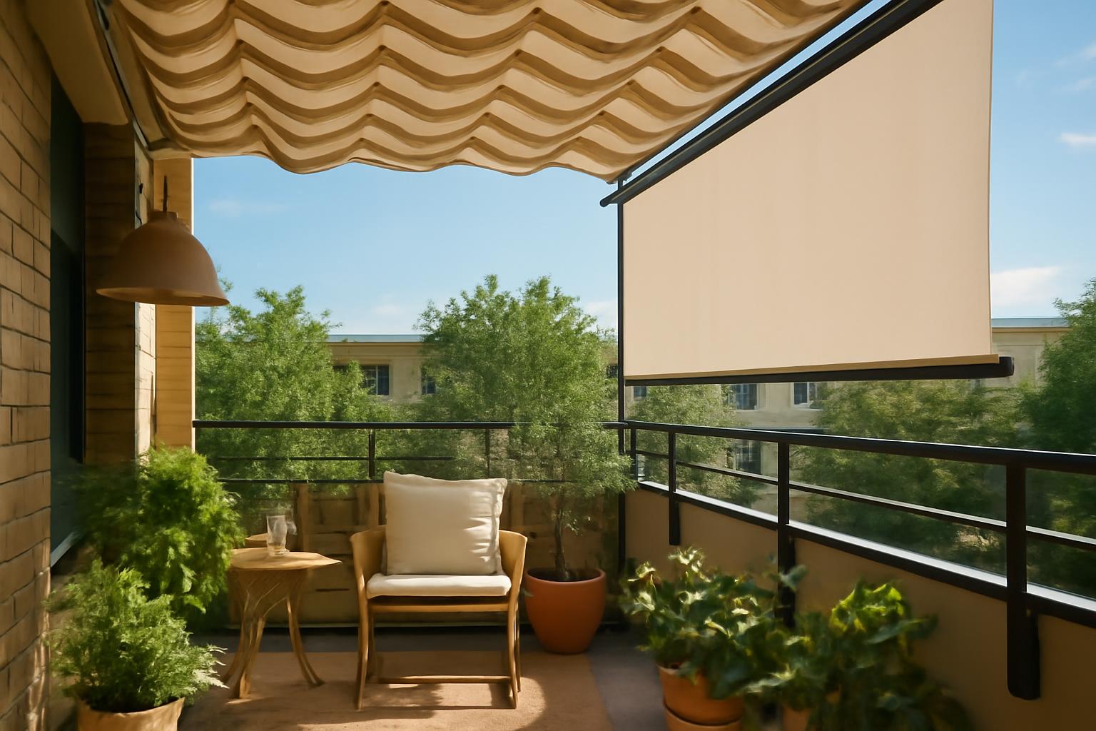 Egy modern balkon árnyékolóval, kényelmes székkel és növényekkel.
