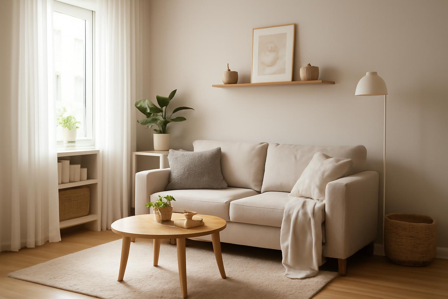Világos, minimalista nappali egy kényelmes kanapéval és növényekkel.