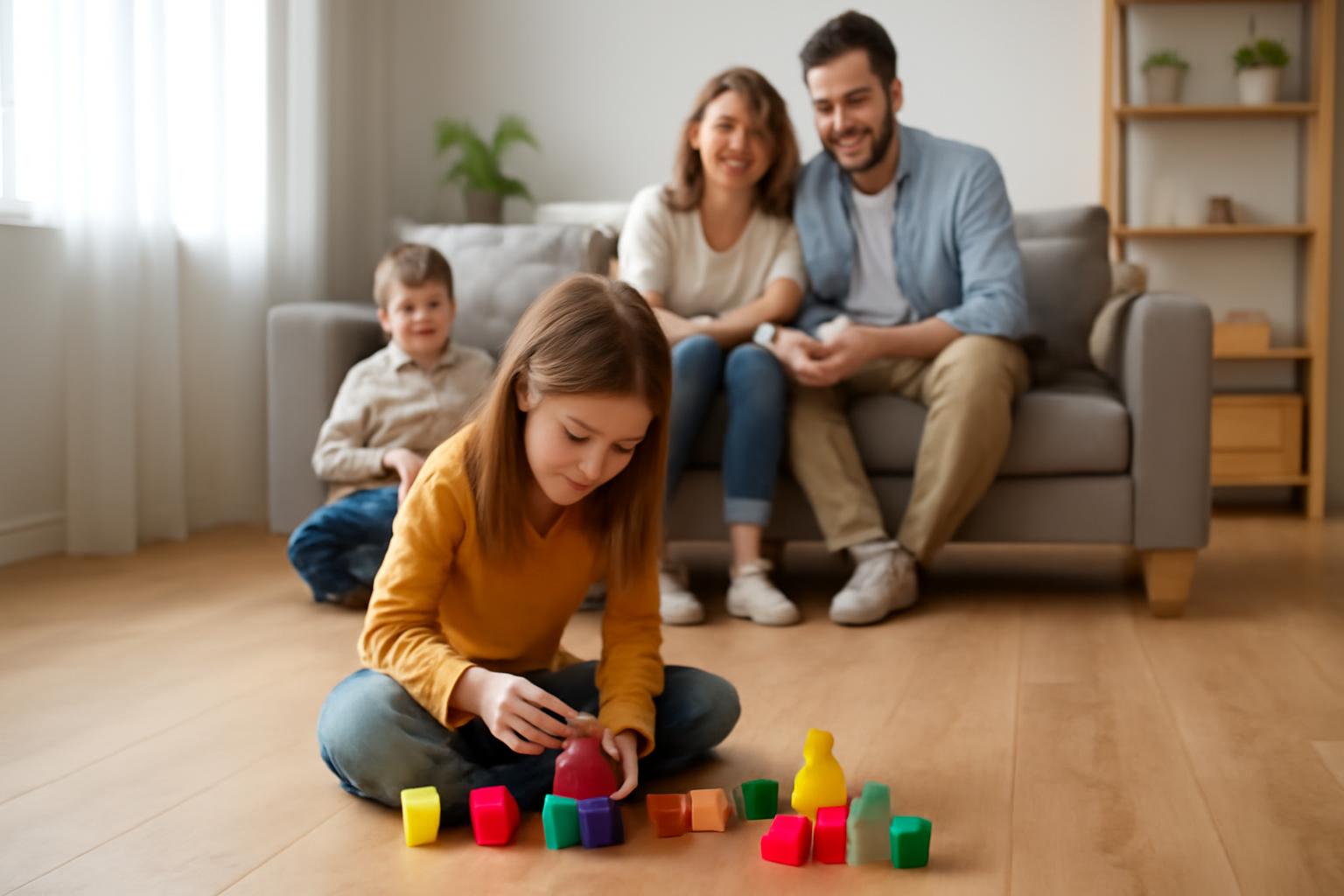 Egy gyerek játszik színes építőkockákkal egy világos padlón, a családja a háttérben ül.