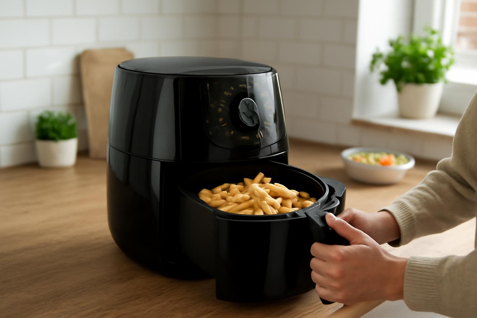 Egy air fryer, amelyből sült étel kerül ki, konyhai környezetben.