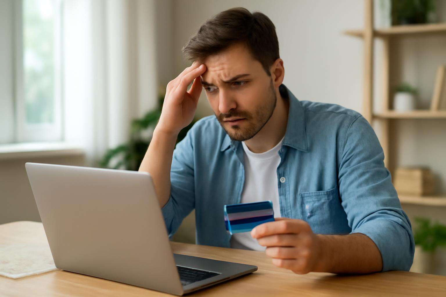 Egy férfi aggódva nézi a laptopját, miközben bankkártyát tart a kezében.