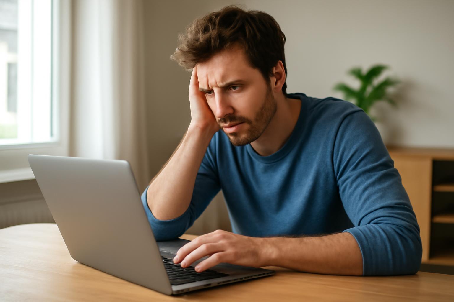 Egy férfi frusztráltan néz egy laptopot, miközben az asztalon ül.