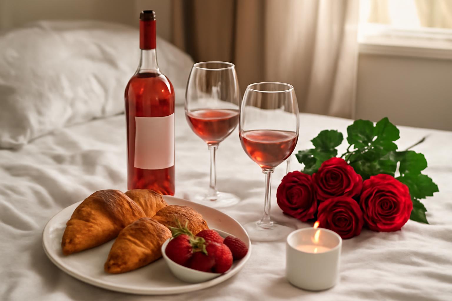 Egy romantikus reggeli: bor, croissant, eper és vörös rózsák egy ágyon.
