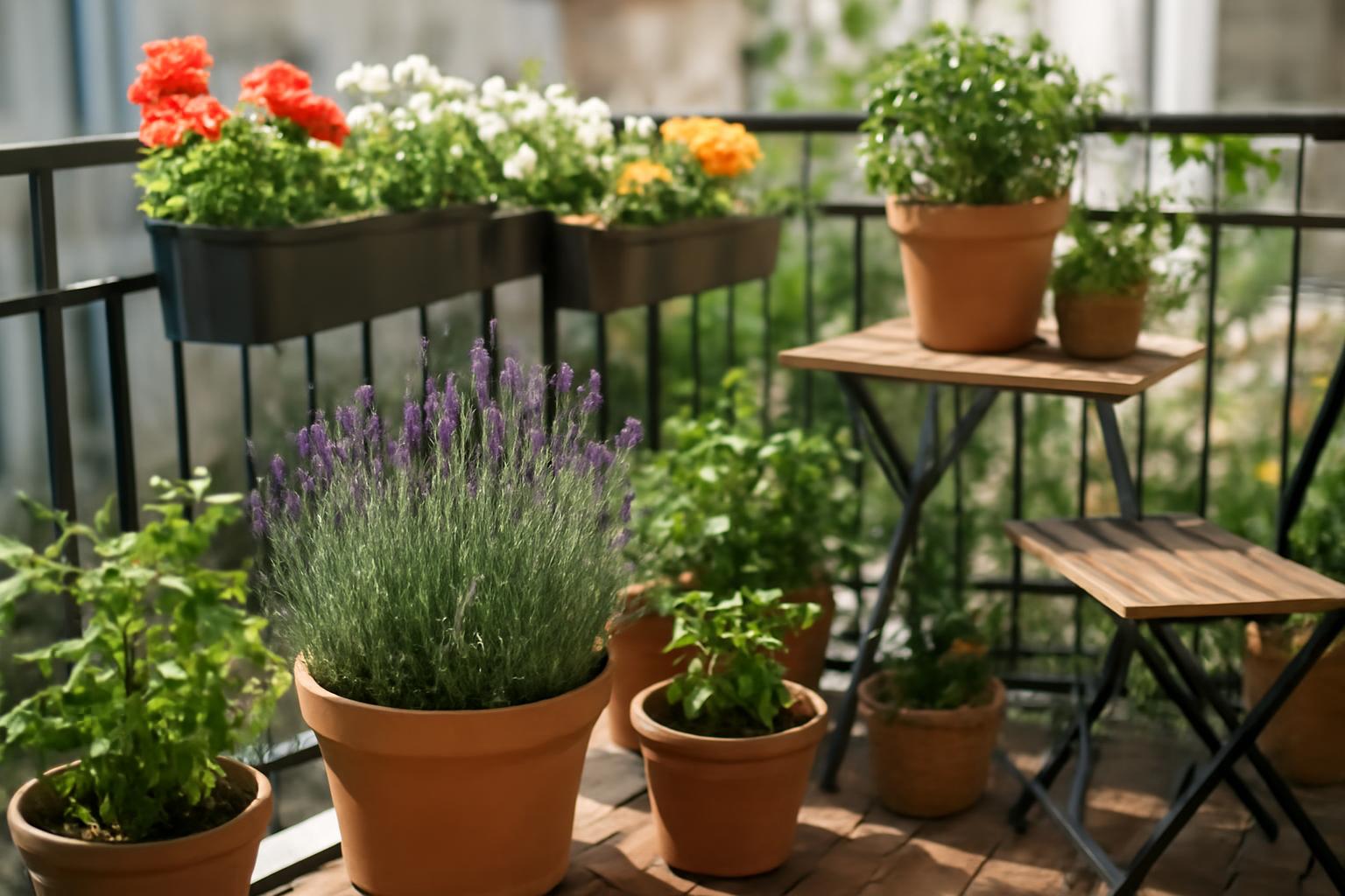 Egy balkon kert különböző növényekkel, köztük levendulával és fűszernövényekkel.