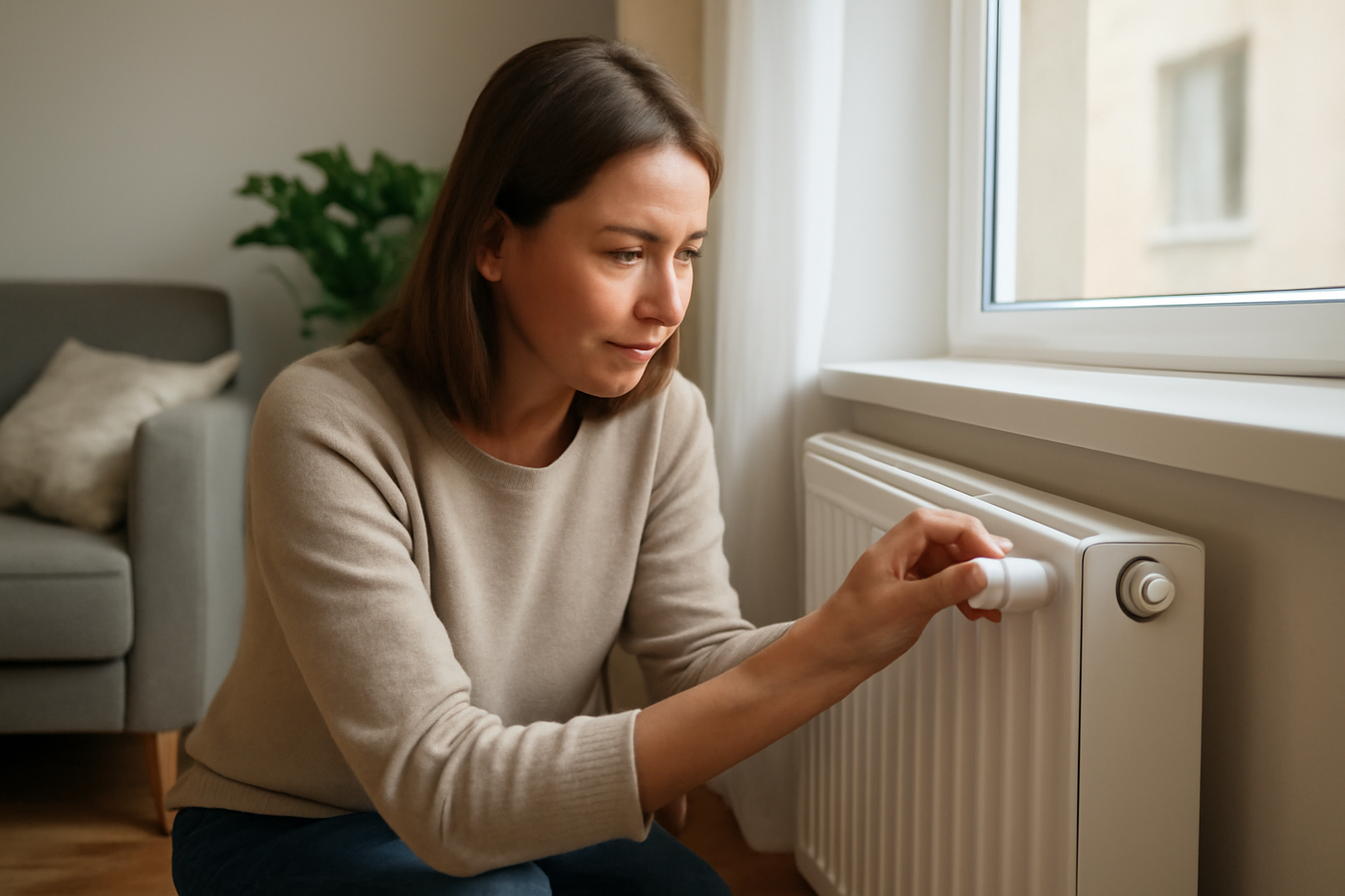 Egy nő a fűtőtest termosztátját állítja, energiatakarékos fűtés érdekében.