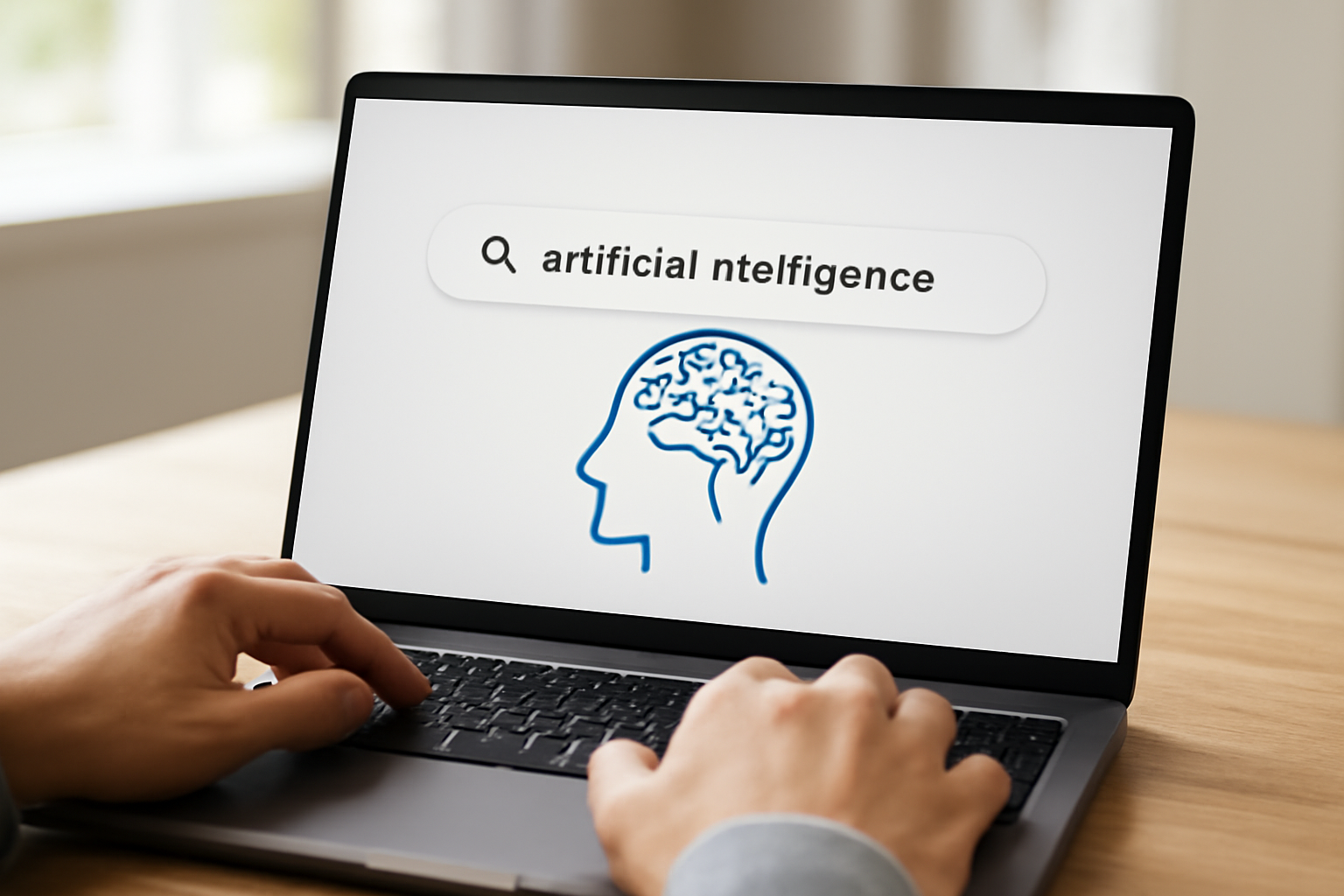 Egy laptop képernyőjén mesterséges intelligenciával kapcsolatos keresés látható.
